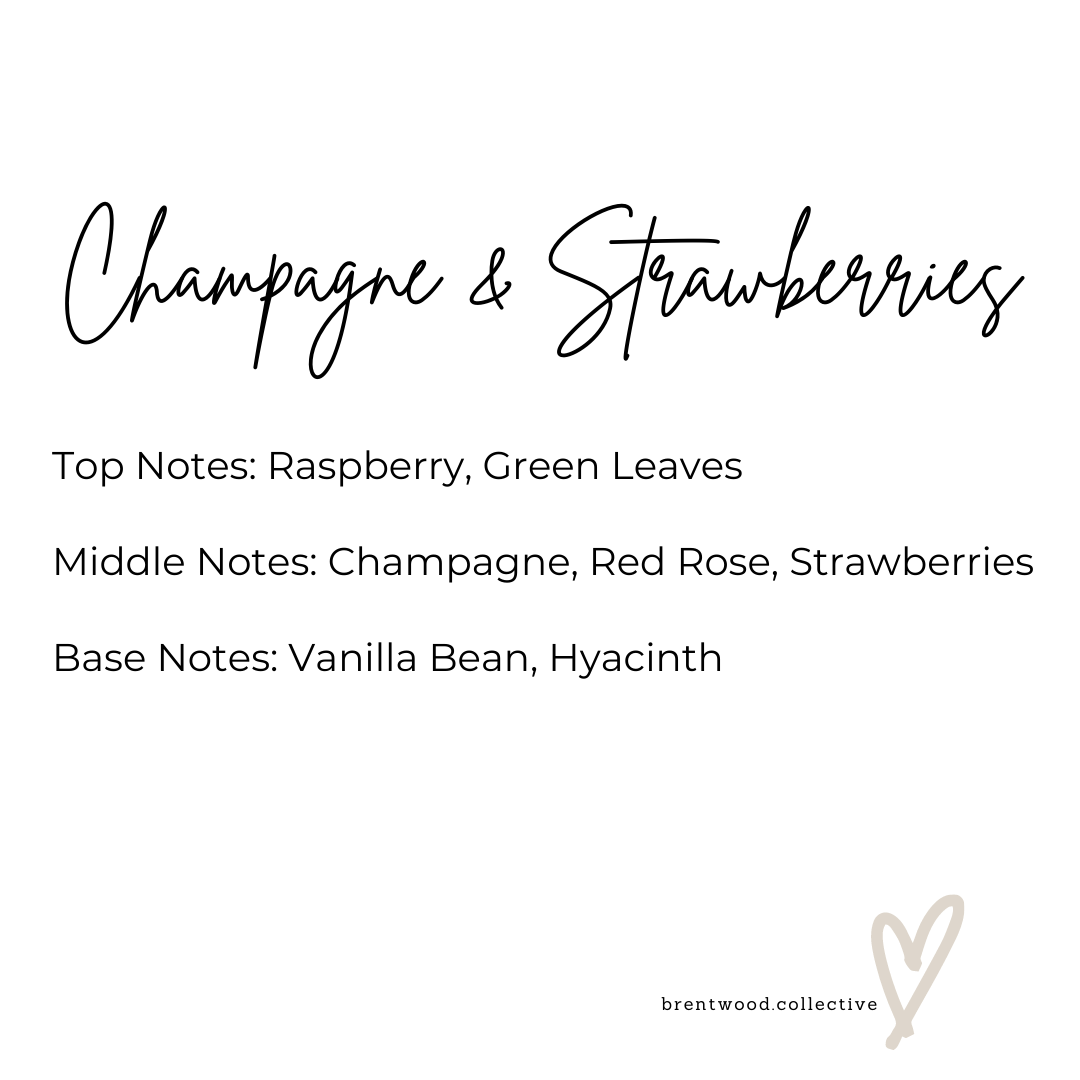 Champagne & Strawberries Scented Candle Fragrance Notes. Text reads "Top Notes: Raspberry, Green Leaves
Middle Notes: Champagne, Red Rose, Strawberries
Base Notes: Vanilla Bean, Hyacinth" Brentwood Collective Logo in bottom corner with brand love heart